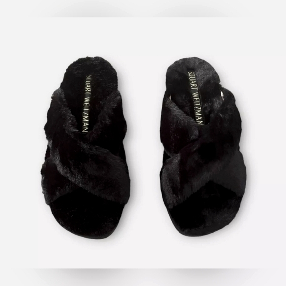 STUART WEITZMAN Roza Faux Fur Wedge Slides In Black Size 11.5 B - Picture 2 of 12